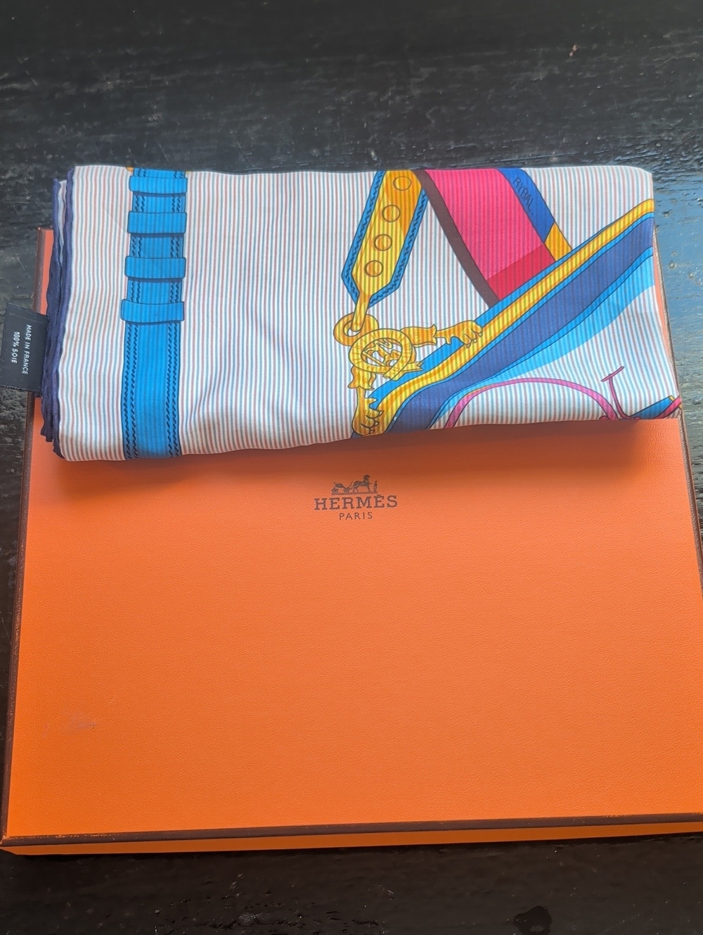Hermes Multicolor Silk Scarf with Blue, Pink and Yellow Accents